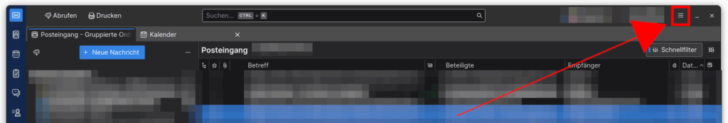 Abbildung des Thunderbird-Fensters mit markiertem Burger-Menü