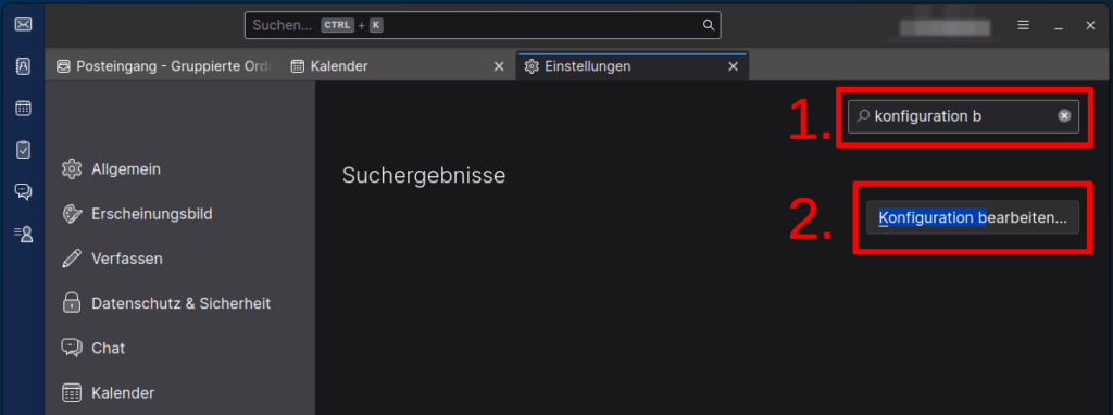 Abbildung der Thunderbird-Einstellungen, nachdem man nach "konfiguration b" gesucht hat