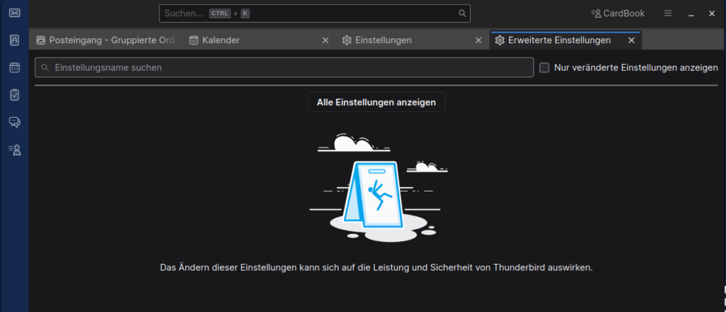 Abbildung der Startseite der erweiterten Einstellungen in Thunderbird