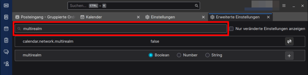 Abbildung des Suchergebnisses für "multirealm" unter den erweiterten Einstellungen Thunderbirds