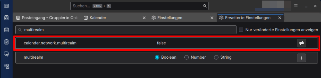 Abbildung der Standard-Einstellung für den Einstellungsschlüssel calendar.network.multirealm
