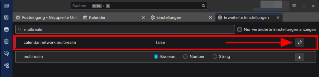 Markierte Schaltfläche zum Ändern des Schlüsselwertes für den Schlüssel calendar.network.multirealm