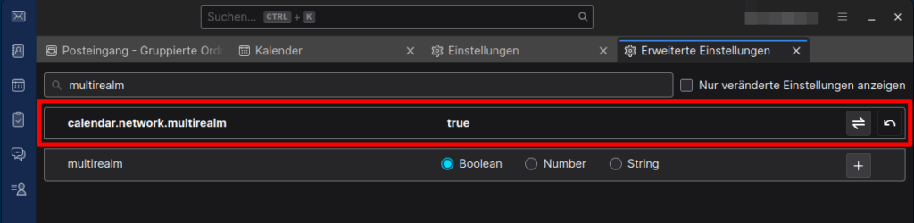 Abbildung des auf true umgestellten Einstellungsschlüssels calendar.network.multirealm, um die EInbindung mehrerer CalDAV-Accounts desselben CalDAV-Servers zu unterstützen